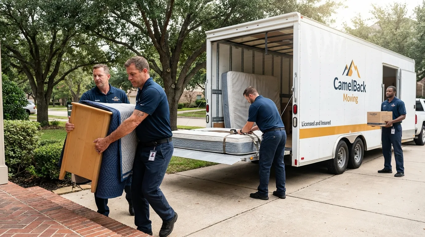 Crew loading residential truck for cross-state move from Little Elm, TX