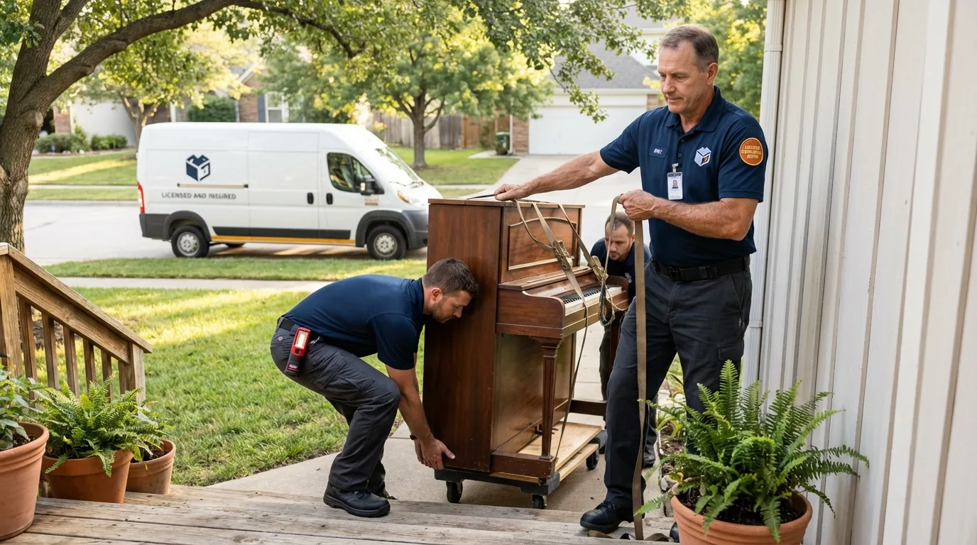 Licensed piano movers securing grand piano in Little Elm, TX