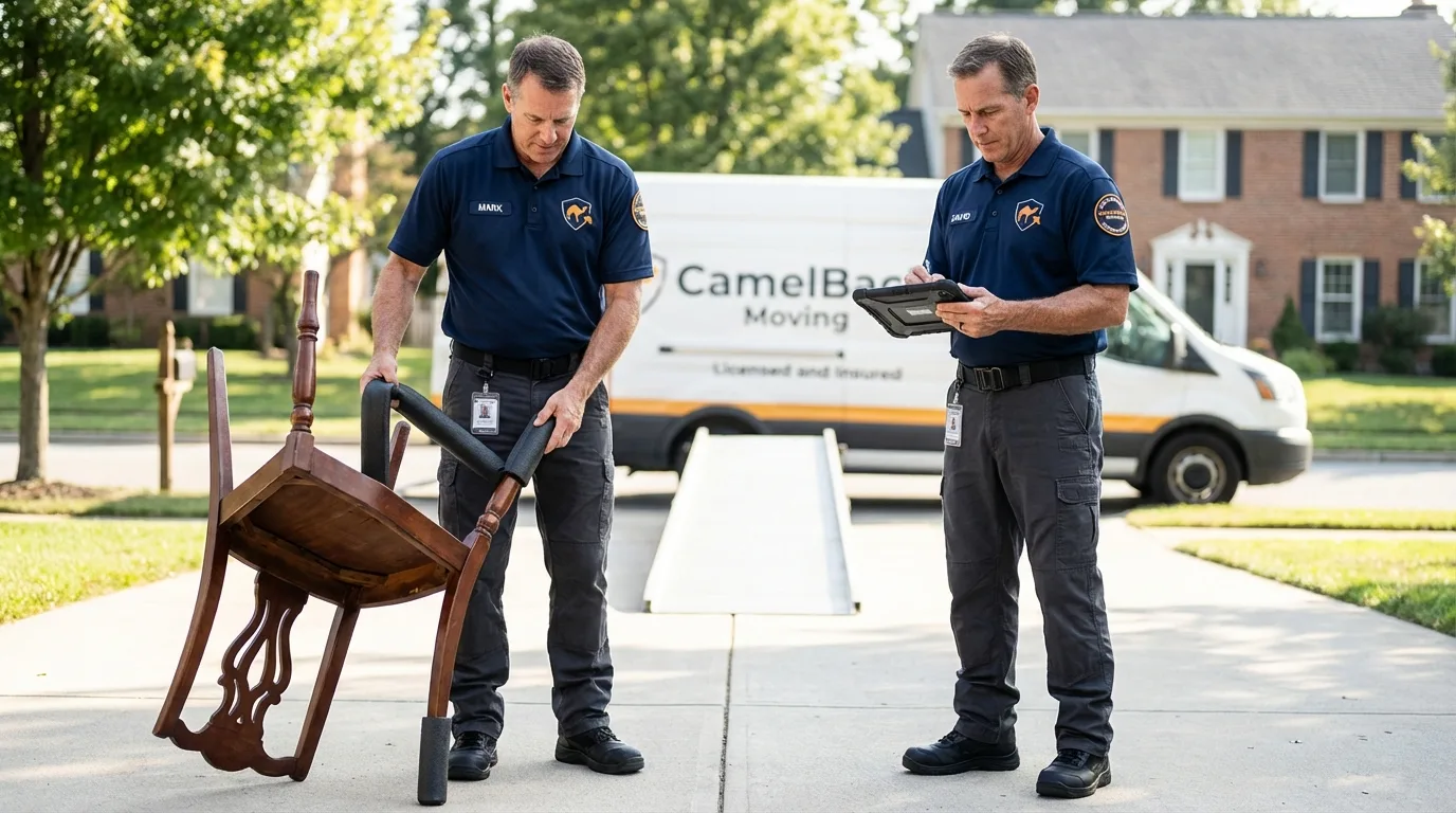 Movers inspecting furniture for damage prevention before loading in Little Elm, TX
