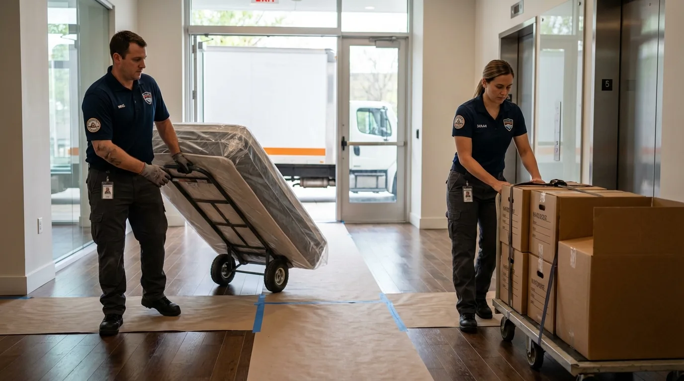 Professional apartment movers loading elevator in Little Elm, TX