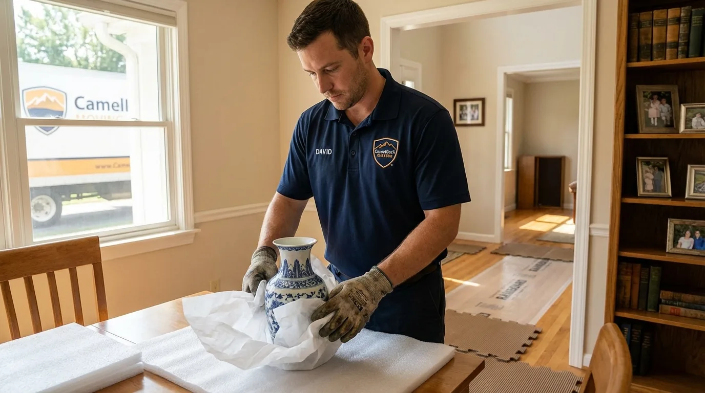 Professional crew carefully wrapping antique vase for senior downsizing move in Little Elm, TX