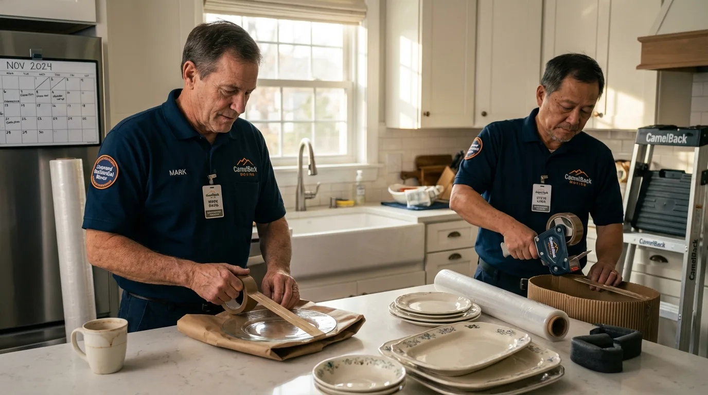 Professional crew packing kitchen dishware in Little Elm, TX